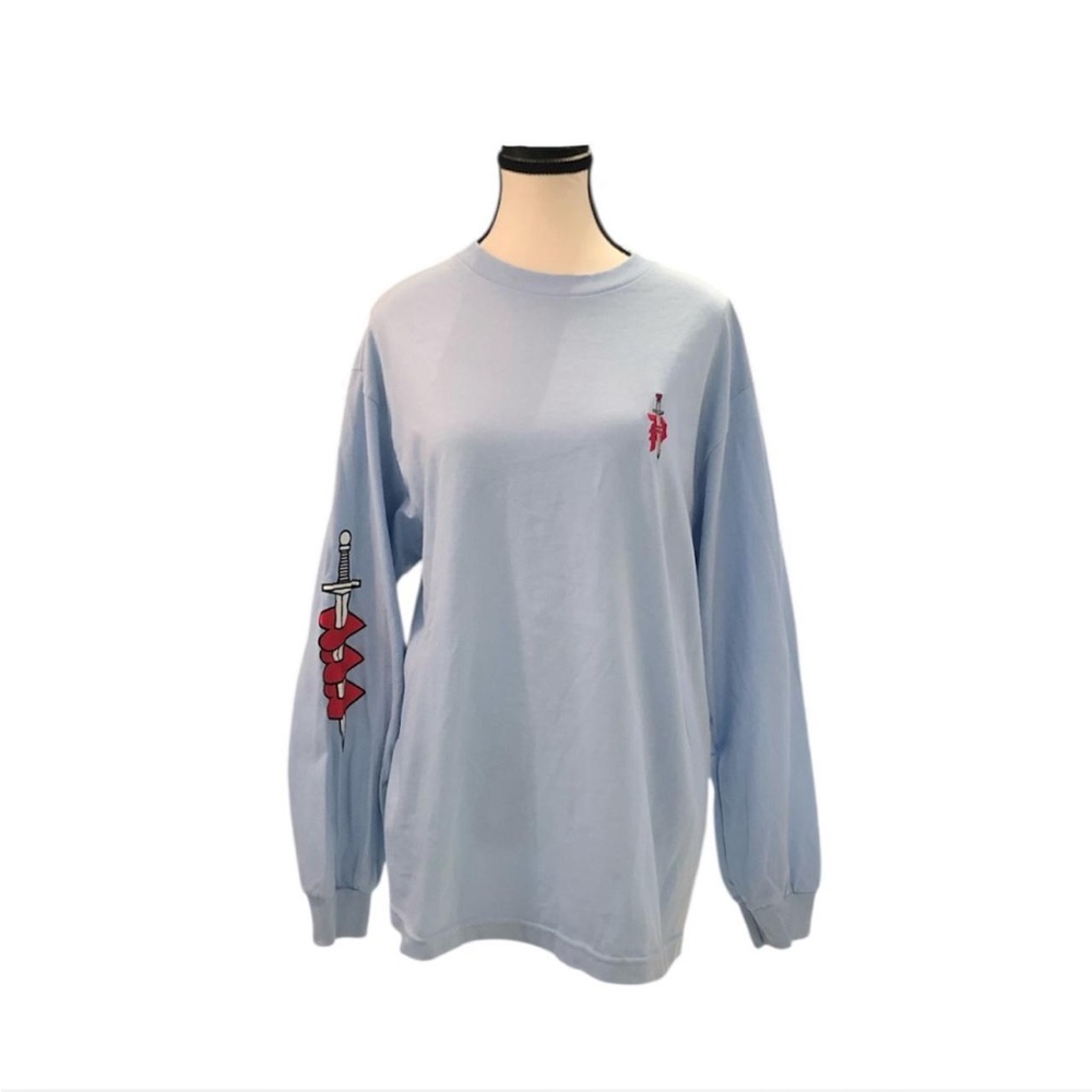 Light Blue Long sleeve ‘Primitive’ shirt with Dagger & Red Heart Print